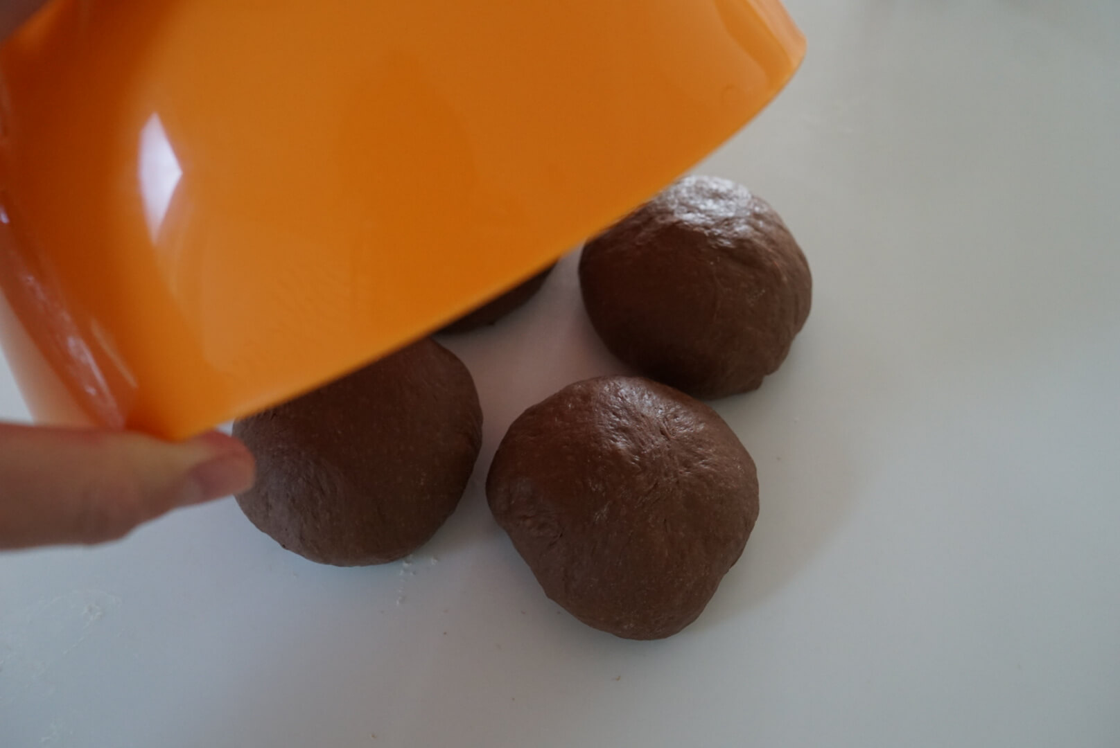 生地を取り出し、５分割して丸めます。 【ベンチタイム】 乾燥しないようにボウルをかぶせて、10分置きます。